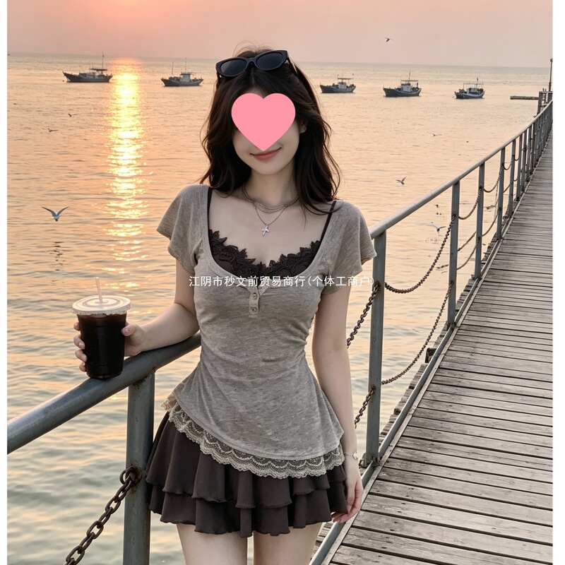 Plus-Size French Retro Lace Patchwork Camisole T-Shirt and High-Waisted Slimming Skirt Set for Women, New Summer Style Plus-Size French Retro Lace Patchwork Camisole T-Shirt and High-Waisted Slimming Skirt Set for Women, New Summer Style