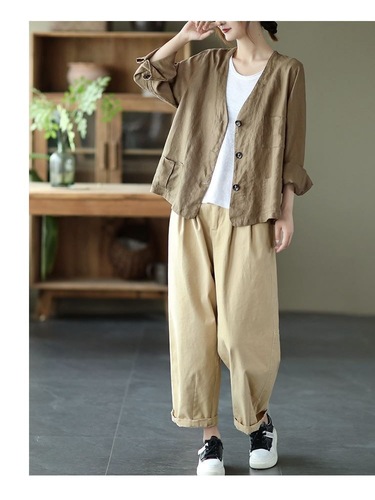 Chinoise Women's Literary Three-Button Elegant Suit Jacket Outerwear Slimming Solid Color Versatile Cotton Linen Cardigan Top