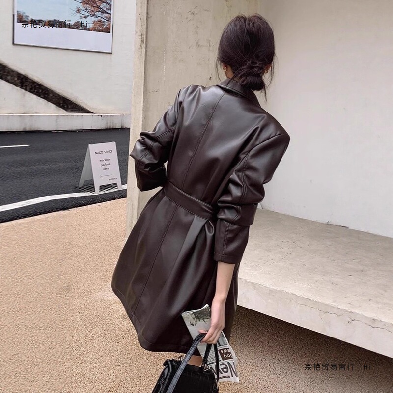 Maillard Waist-Cinching Leather Jacket for Women 2025 Spring & Fall New Style British Style Pu Leather Jacket Mid-Length Windbreaker
