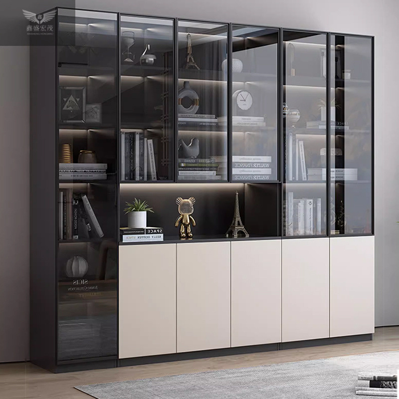 Household Living Room Storage Cabinet Light Luxury Solid Wood Bookcase Glass Door Combination Display Cabinet Integrated Wall Dustproof Storage Cabinet