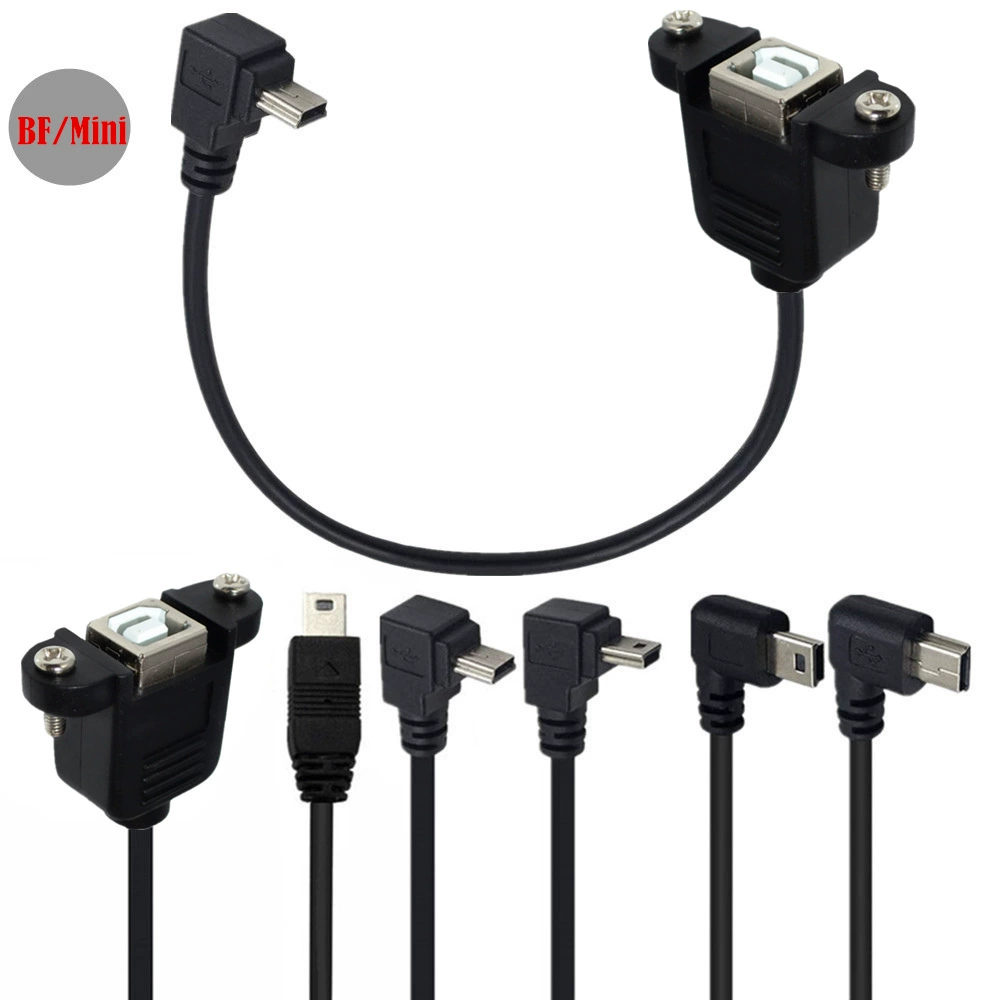 Кабель с разъёмом USB mini 5pin на USB B (гнездо) с ушками для крепления на панель, левый/правый, угол 90°