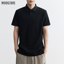 WOOG2005翻领纯棉黑色短袖polo衫男2024夏季新款休闲纯色有领体恤