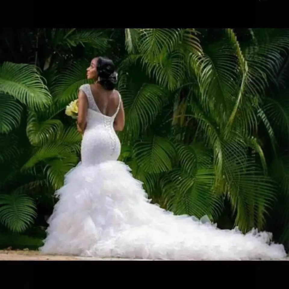 Amazon comercio exterior vestido de boda de hombro de cola de pescado de alta gama grande delgado vestido de noche blanco de mujer de cola elegante image 2
