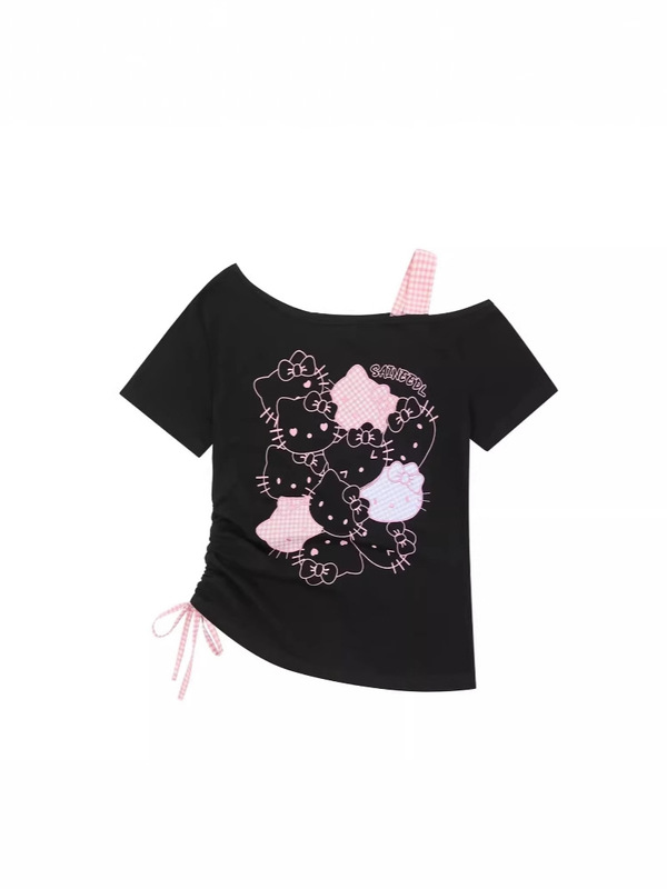 ニッチかわいいキティ猫プリントリボンオフショルダー半袖Tシャツレディーススリムオフショルダー不規則トップ|undefined