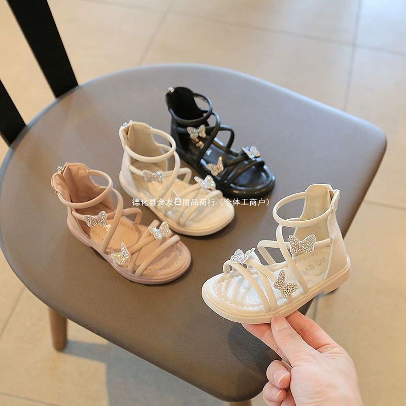 Новые римские сандалии для девочек с мягкой подошвой, бабочка, детские туфли для девочек-принцесс, обувь для малышей с кристаллами