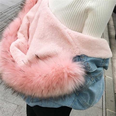 Dameskleding Korte katoenen jas Winter Nieuwe stijl Plus fluwelen katoenen jas Losse Koreaanse stijl Denim bontkraag Verdikte jas Dames_voghion.com