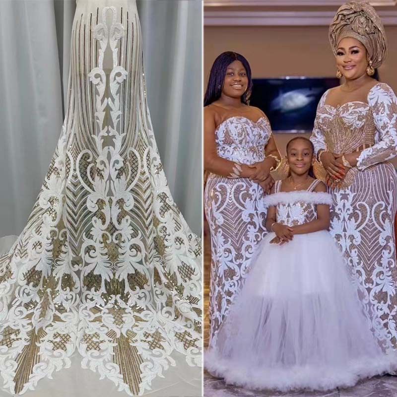 Lentejuelas tela de encaje africano europeo y americano vestido de novia moda bordado tela de encaje de lentejuelas JX1296