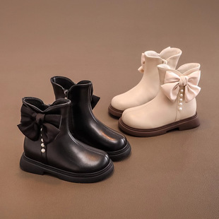 Children's Leather Boots, Girls' Martin Boots, 2025 Autumn and Winter New Short Boots, Bow-Knot Stylish Princess Boots, Single Lining with Fleece, Trendy