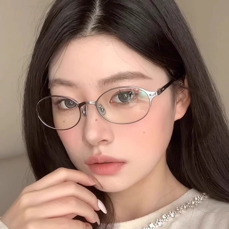 高智感书呆子近视眼镜框女素颜神器平光镜金属椭圆小框架可配度数|undefined