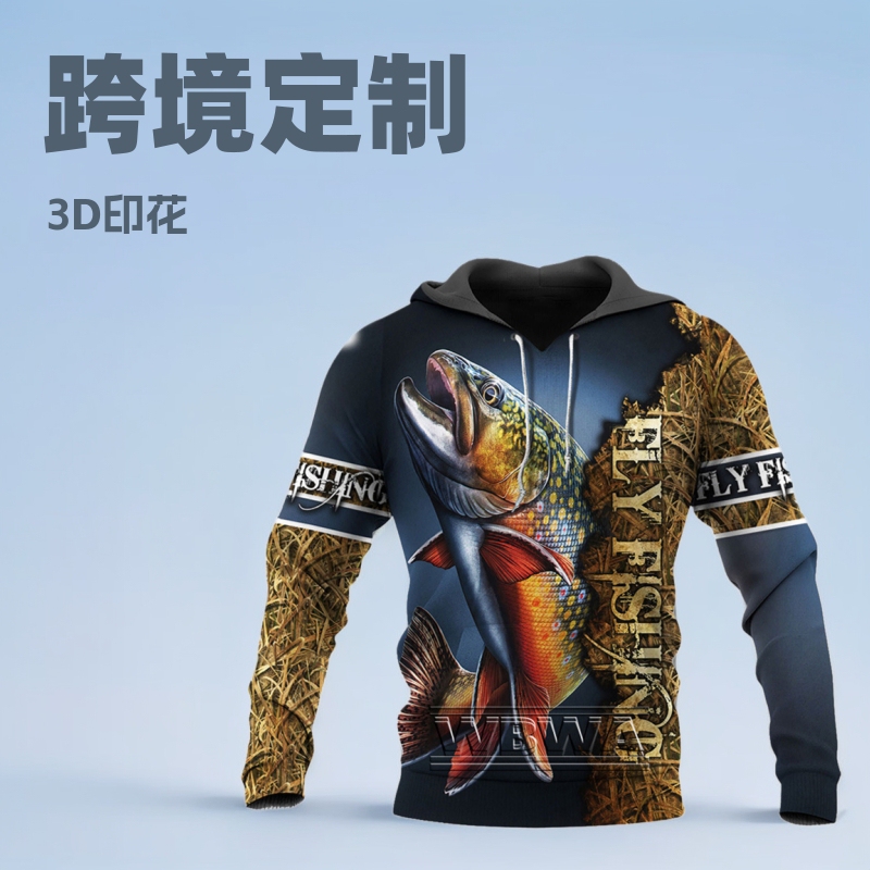 Cross-border European and American men's clothing fishing sea fishing series 3D printing hooded pullover clothing men's clothing manufacturers wholesale
