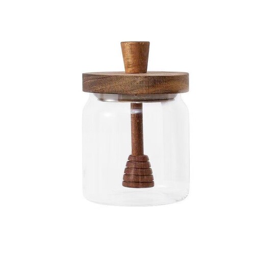 Simple wooden lid, durable high-borosilicate glass honey jar, solid wood with stirring bar, jam food storage jar