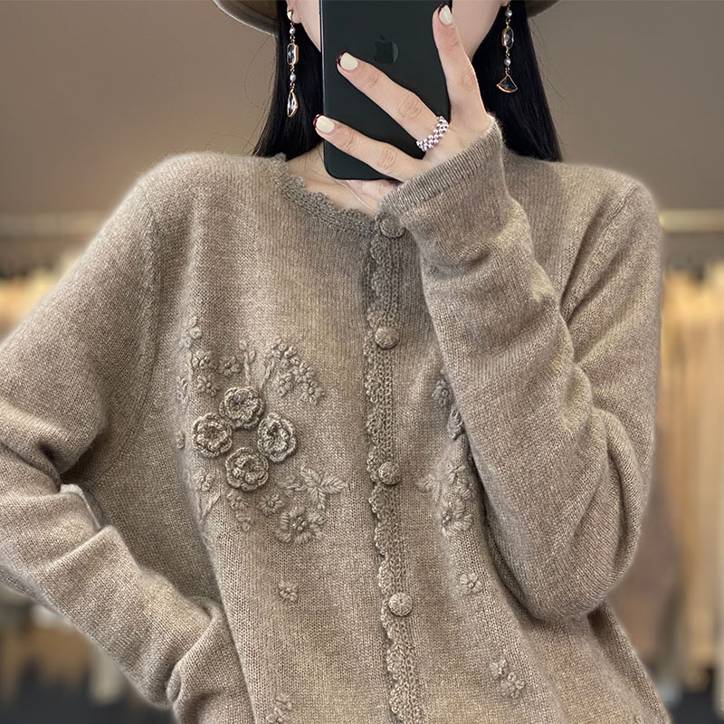 100% 純ウールカーディガン女性丸首重工鉤花セーターコートゆるい甘いカジュアルセーターニット上着|undefined