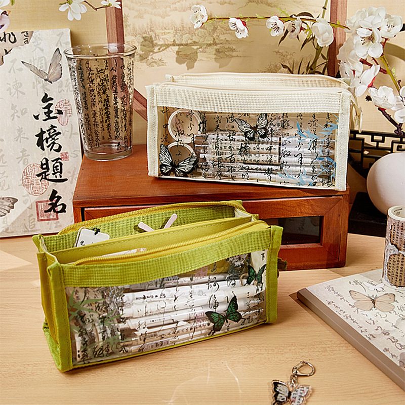 Nuevo bolso de lápiz transparente de gran capacidad para estudiantes Guofeng nuevo estilo chino caja de papelería para niñas de secundaria secundaria simple caja de lápiz literario