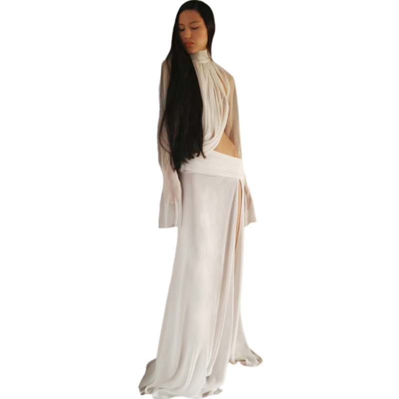 Women's Winter Fashion High Neck Bell Sleeve Top And Slit Long Skirt Set Sexy See Through European American Style New_voghion.com