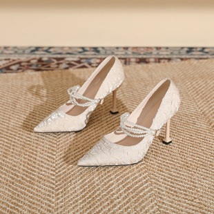 2024 New pointed stiletto heel high heels plus size extra large widened Pearl women's shoes small size shallow mouth all-match women's shoes