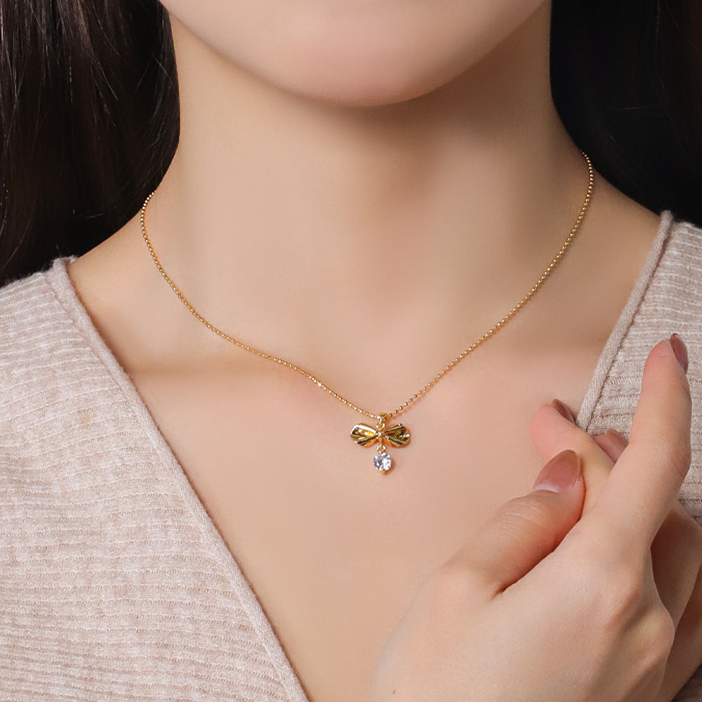 Minimalist Bow Pendant Zircon Necklace Elegant Silver Chain_voghion.com
