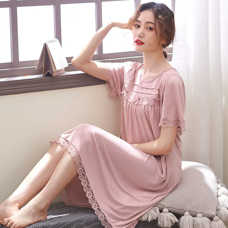 睡衣夏天中年中长款衣裙家居服莫代尔夏季妈妈宽松休闲短袖睡裙
