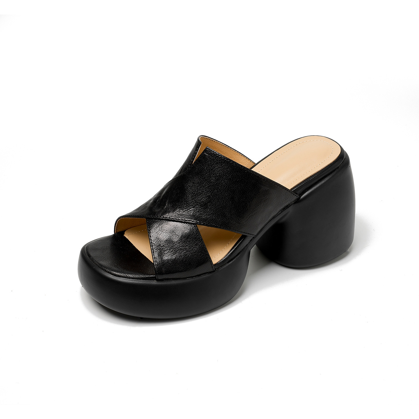 Sandal cao gót nữ quai chéo hở mũi đế platform đế dày gót 9 cm — màu đen, màu trắng ngà