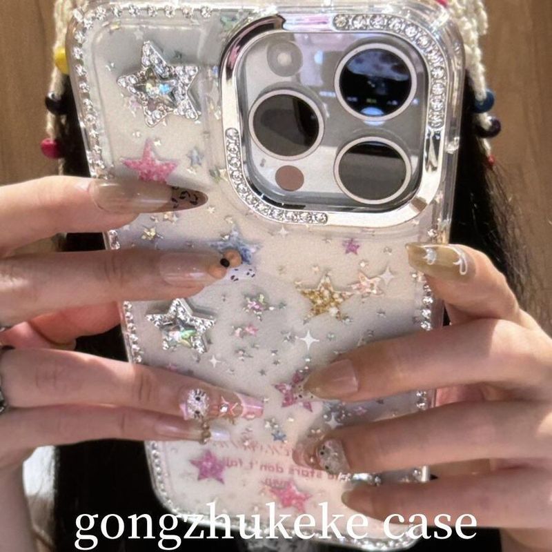 iPhone17promax、Apple16、15、13対応、透明で星がいっぱいのデザイン、ダイヤモンドフレーム付きカラフルな新型スマホケース|undefined