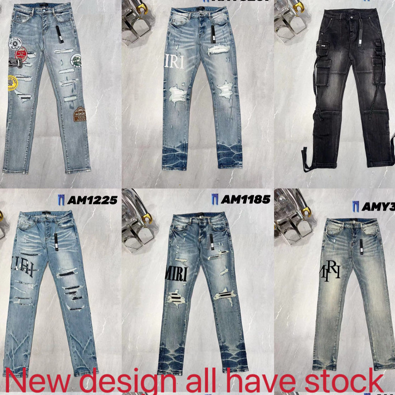 JB AMIRI fashion brand ripped patch jeans stretch slim fit skinny jeans one-piece delivery wholesale