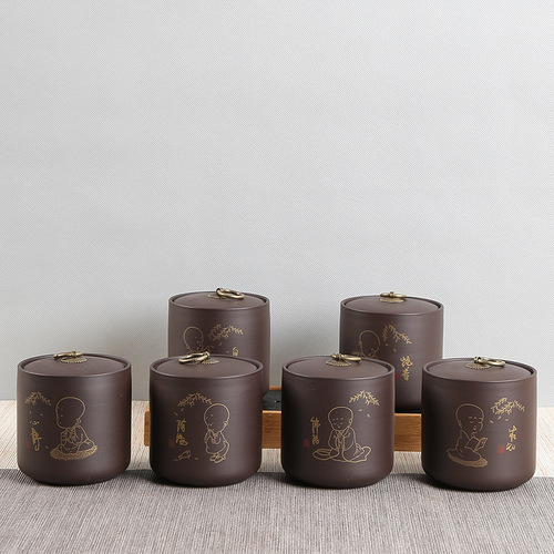 Large purple clay tea jar gilt Pu'er loose tea sealed jar Yixing purple clay tea set boutique tea jar wholesale logo