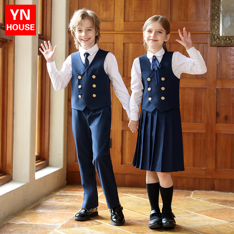 Primary School Uniforms, Spring & Fall Kidsren's Class Uniforms, British Style Kindergarten Uniforms, Vests, Shirts, Long-Sleeved Suits, Performance Uniforms