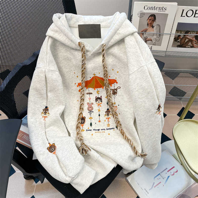 Designed Embroidered Hoodie Fleece-Lined Thick Sweatshirt for Women Autumn and Winter Korean Style White Gray Foreign Style Unique Top