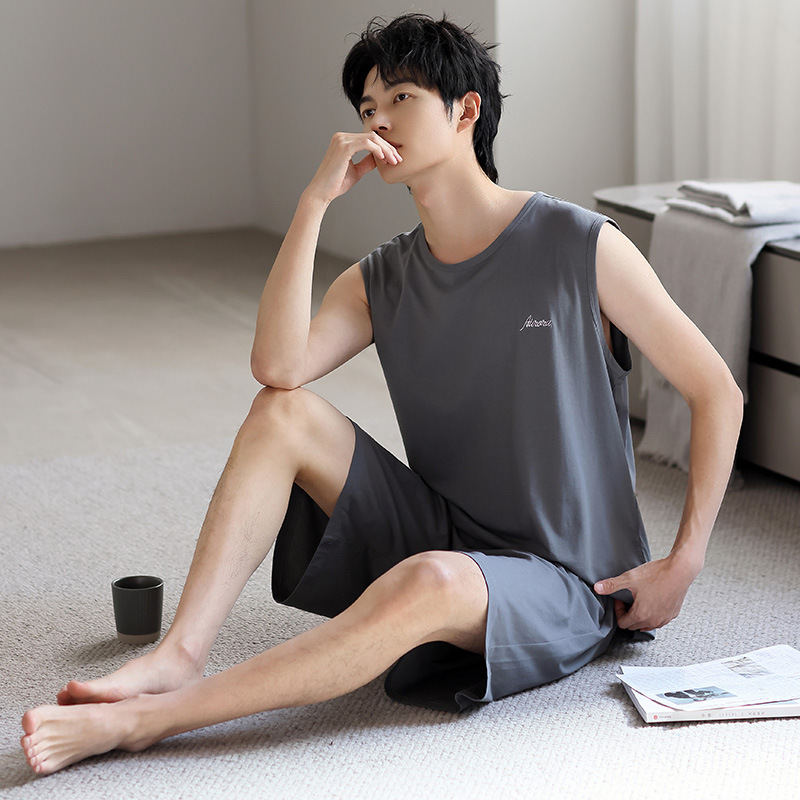 スポットモーダルパジャマメンズ夏新作メンズアイスシルク夏半袖ショーツ薄手ホームウェアセット|undefined