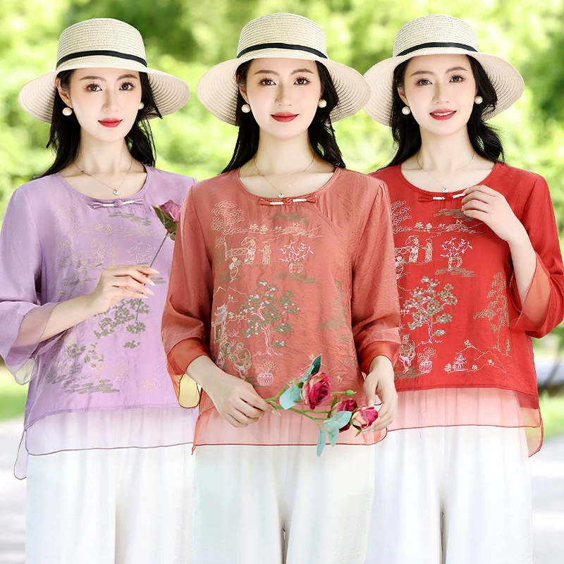 Летний новый семипроцентный рукав вышитый топ модная мама одет в нижнюю рубашку дикая свободная футболка большого размера для женщин