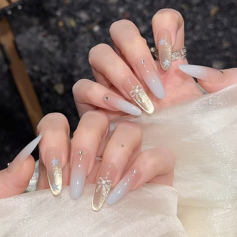 Nude Pink Gradient Wearable Nails Rhinestone Star Bow Manicure Wearable Removable Fake Nails Finished Nails