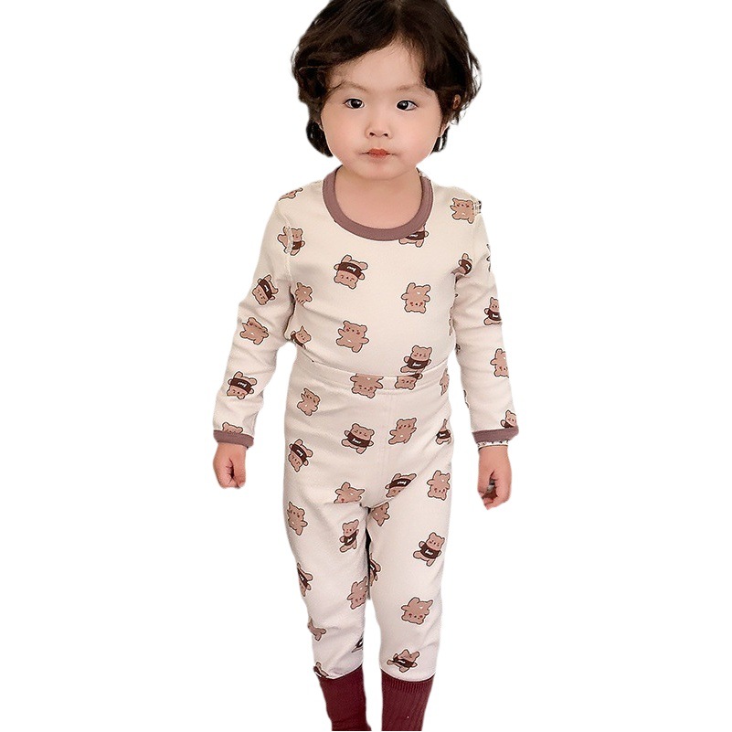 Ropa de otoño del bebé pantalones largos traje algodón los niños invierno cepillado estilo Coreano ropa interior térmica lana estante sin hueso Pijamas
