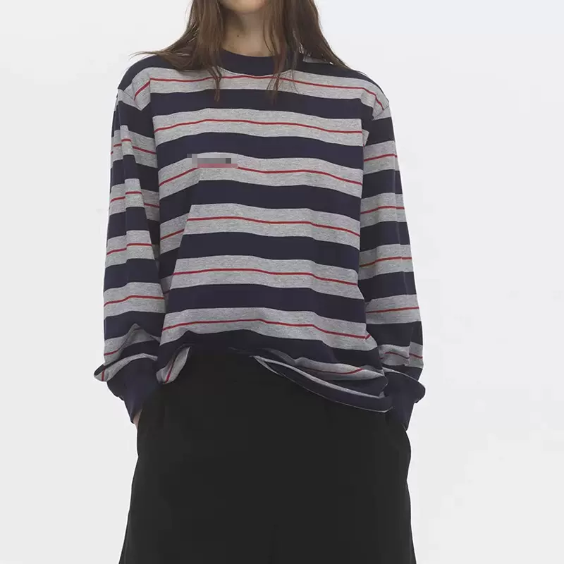 做货 宽松经典圆领慵懒条纹长袖T恤女设计感早春新款上衣女款百