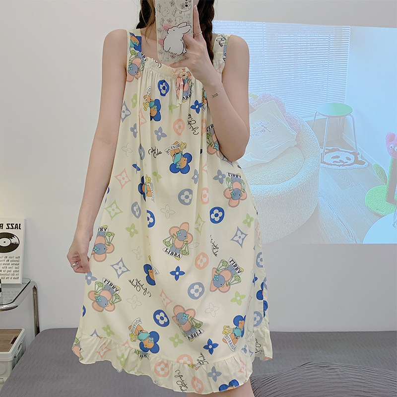 Camisón de seda de algodón de verano para mujer Pijamas dulces lindos puro deseo ins estilo delgado sexy vestido de Honda de seda de algodón artificial