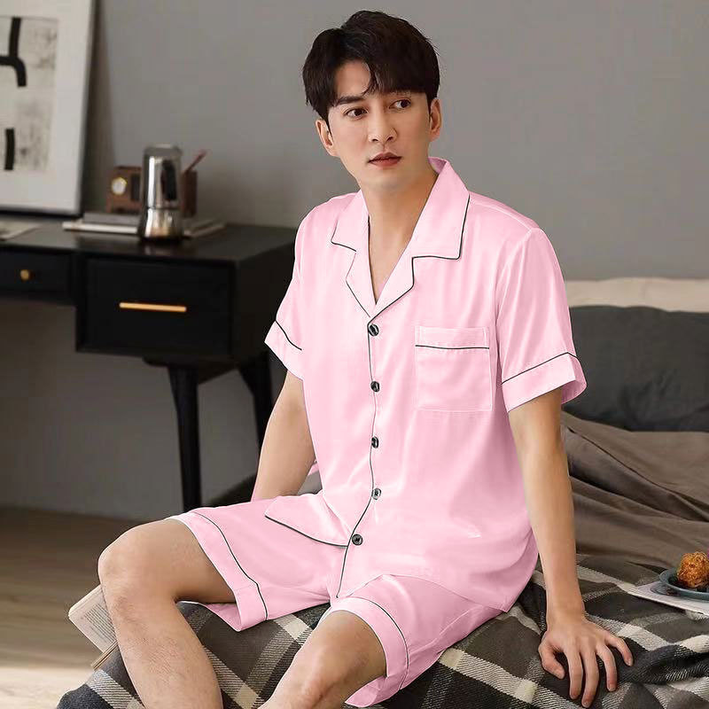 【同款低价】香槟冰丝睡衣男士夏薄款开衫短袖短裤青年家居服|undefined