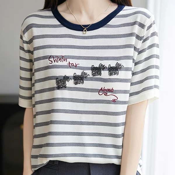 夏用 リヨセルテンセルニット半袖レディースラウンドネックストライプ刺繍五分袖ゆったり半袖Tシャツインナー|undefined
