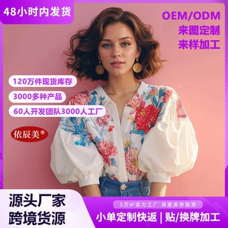 欧美跨境爆款印花衬衫女夏灯笼袖减龄温柔度假风衬衣碎花短袖上衣