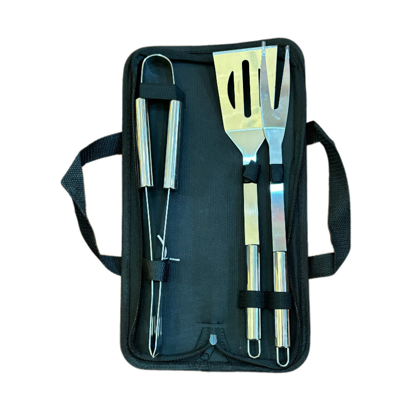 Amazon venta caliente de acero inoxidable herramientas de barbacoa al aire libre bolsa de tela BBQ grill horquilla de horquilla caja de aluminio conjunto de combinación