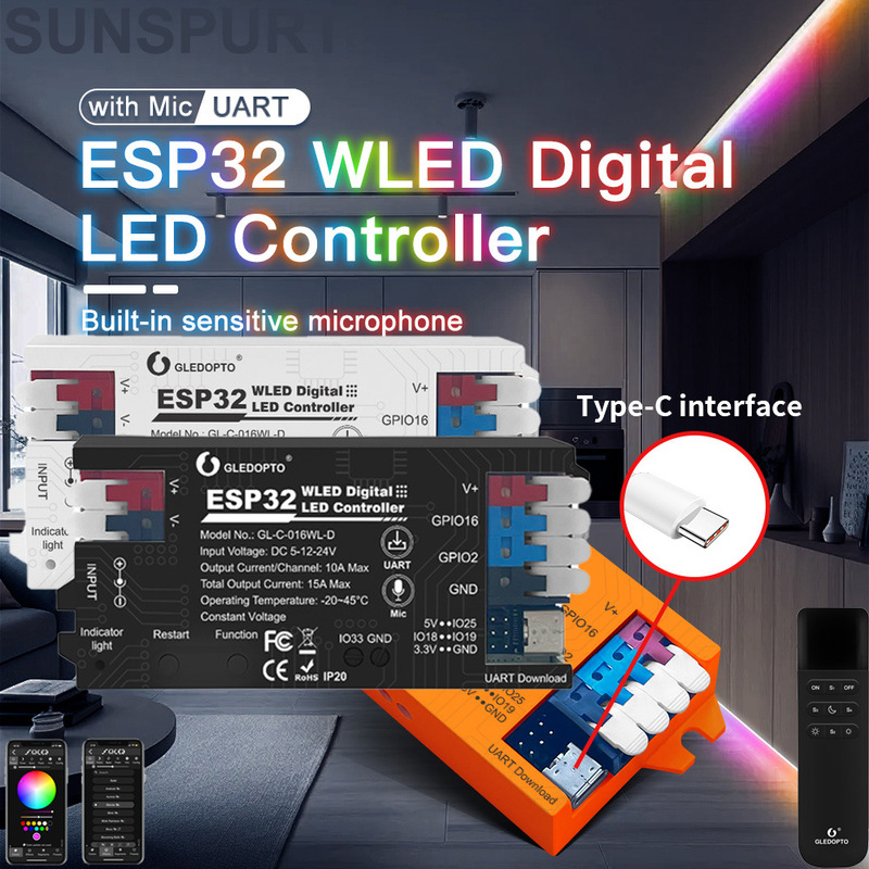 ESP32 WLED light bar controller microphone download music sound dynamic mode WIFI magic light strip