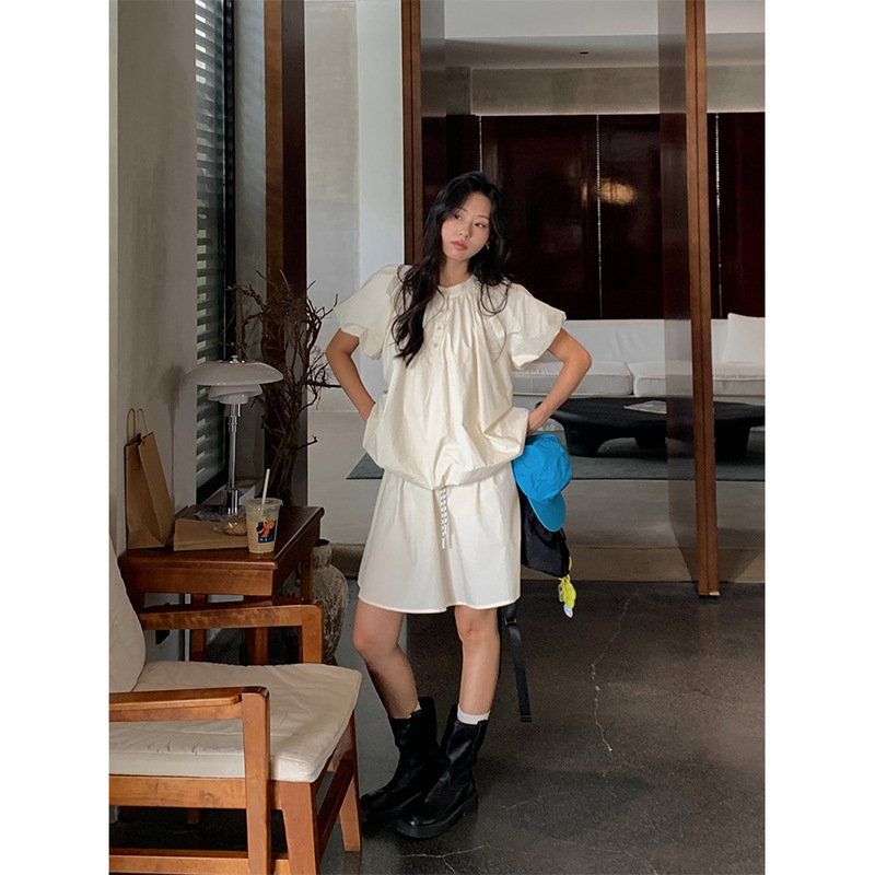 Huang Zheng Korean Bubble Crewneck Small Shirt Loafer Waist Drawstring A- Line Skirt Two-Piece Set Small suit 520553