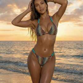 26年新款泳衣夏季针织彩条波浪深V绑带时尚度假分体泳衣沙滩泳装