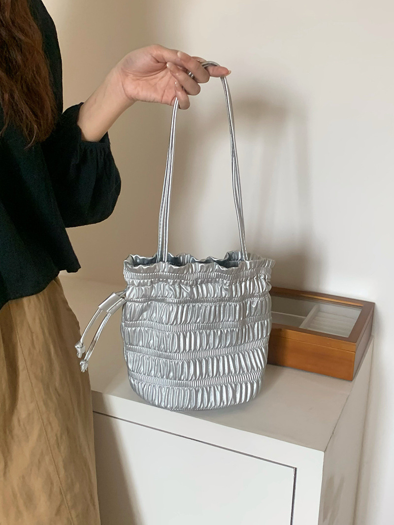 Korean INS niche design, gentle soft leather pleated drawstring bucket bag, one shoulder fashionable texture, silver_voghion.com