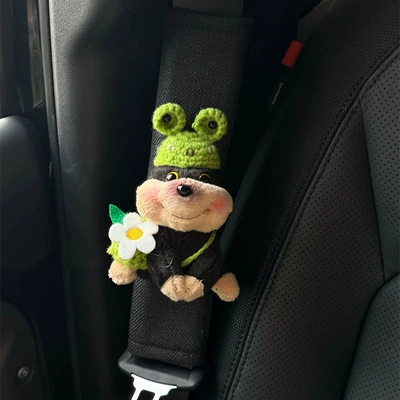 Bee Dog Car Safety Belt Shoulder Paddle Safety Belt Car Interior Decoration Four Seasons Universal Cute Girl Car Decoration (Seat belt shoulder pad) - green-hat-flower-bee-dog-ice-silk-shoulder-strap-1-pack