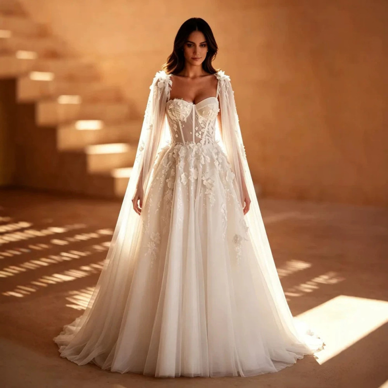 Cross-border foreign trade A-line wedding dress with shawl sleeves, three-dimensional embellishments, long train, for outdoor church weddings and travel photography Cross-border foreign trade A-line wedding dress with shawl sleeves, three-dimensional embellishments, long train, for outdoor church weddings and travel photography