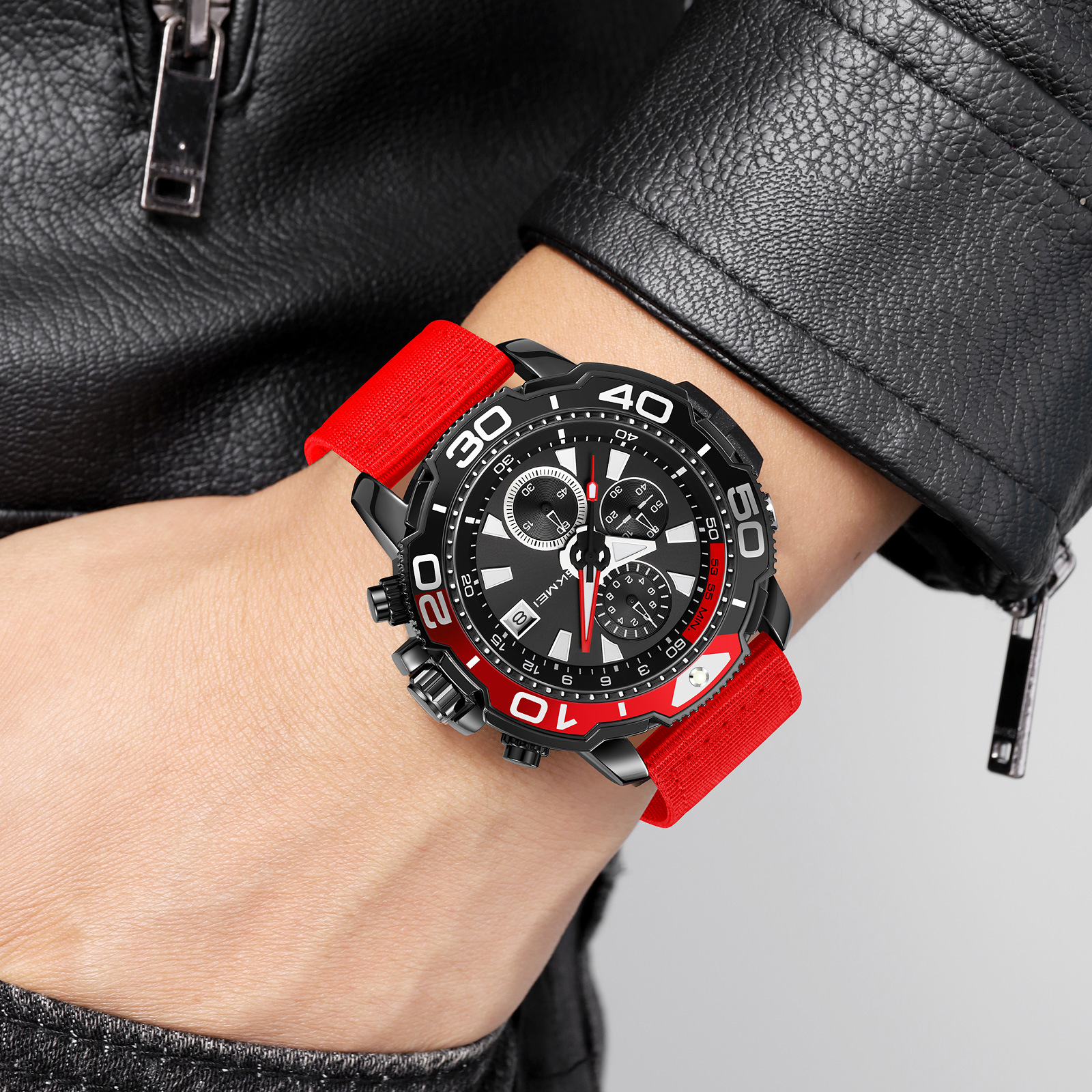 Momento de ventas transfronterizas calientes para hombres buceo viento cronógrafo de pulsera nylon rojo correa de cuarzo impermeable al por mayor