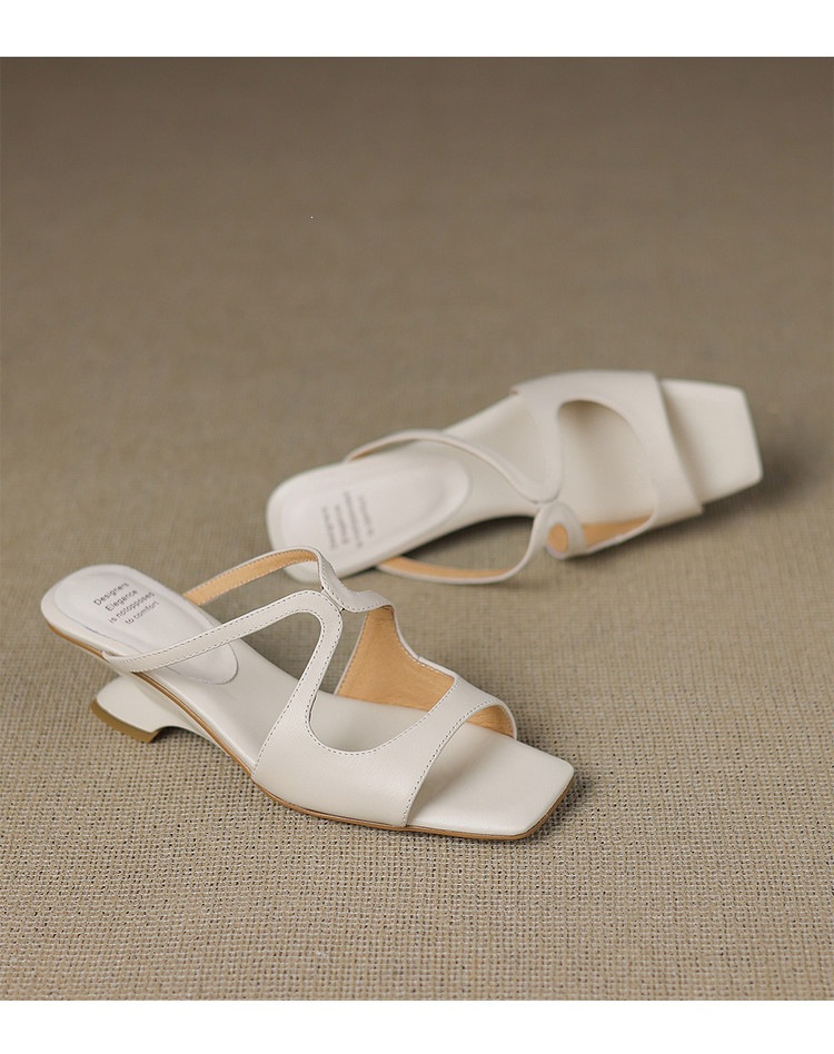 Sandal nữ da bò mũi vuông hở ngón gót lạ mắt — màu đen, màu trắng ngà, bạc chi tiết 21