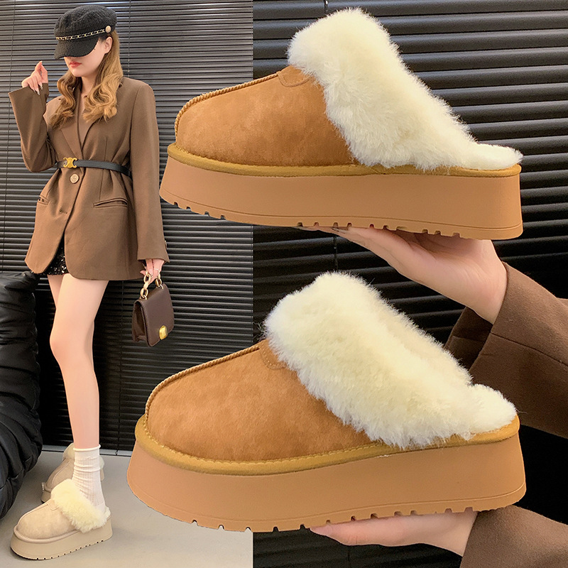厚底增高加绒保暖雪地靴半拖毛毛棉拖鞋女外穿2025新款冬季一脚蹬