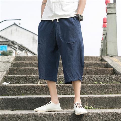 Pantalones cortos de algodón y lino de estilo chino, pantalones de entrepierna rectos sueltos de verano para hombres, pantalones casuales grises de pierna ancha de talla grande