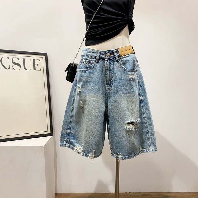 Trendy Street Style~ Ripped Straight-Leg Denim Shorts for Women, New Summer High-Waisted Slimming A-Line Wide-Leg Five-Point Pants