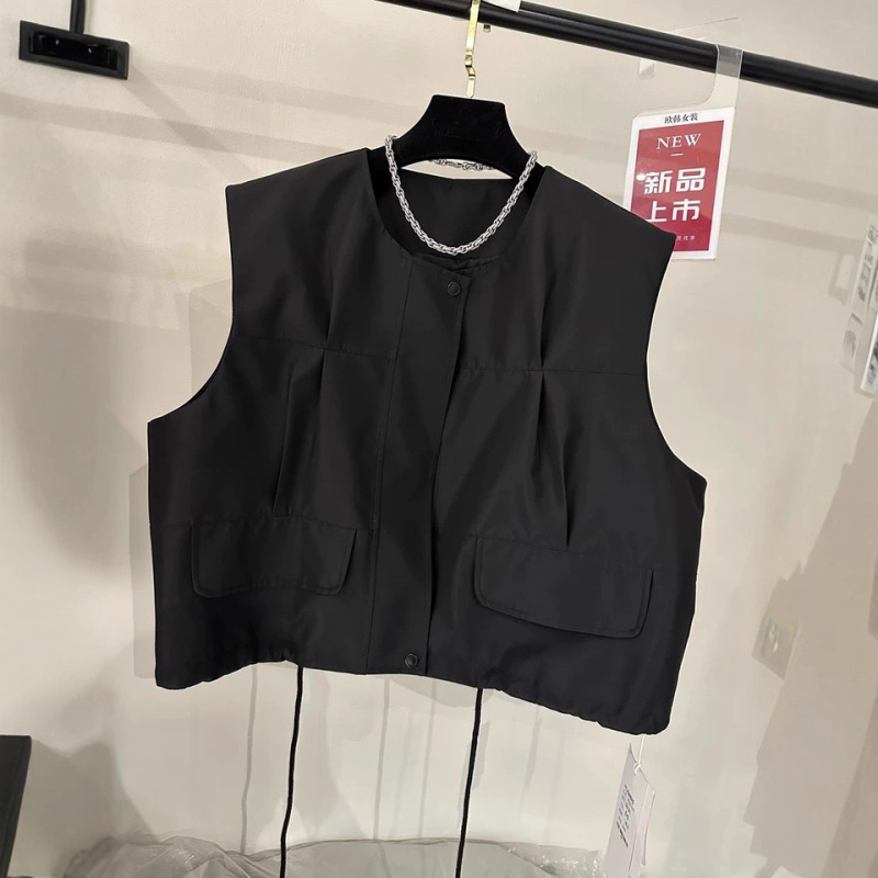 高端欧货下摆抽绳口袋设计无袖马甲女2025年秋季新款宽松背心外套|undefined