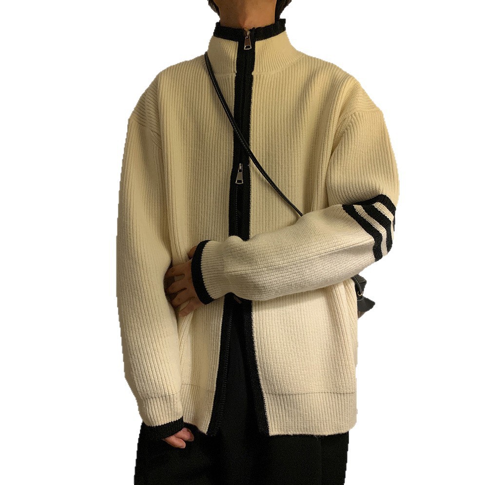 Explosiones transfronterizas de tamaño europeo de tamaño grande suéter a rayas de tres varillas de cuello masculino Cardigan chaqueta fábrica de jersey al por mayor